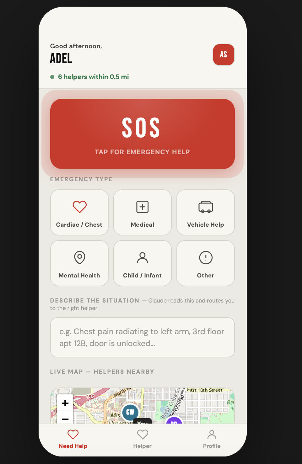 FirstNet requester screen with SOS categories, situation details, and a live helper map