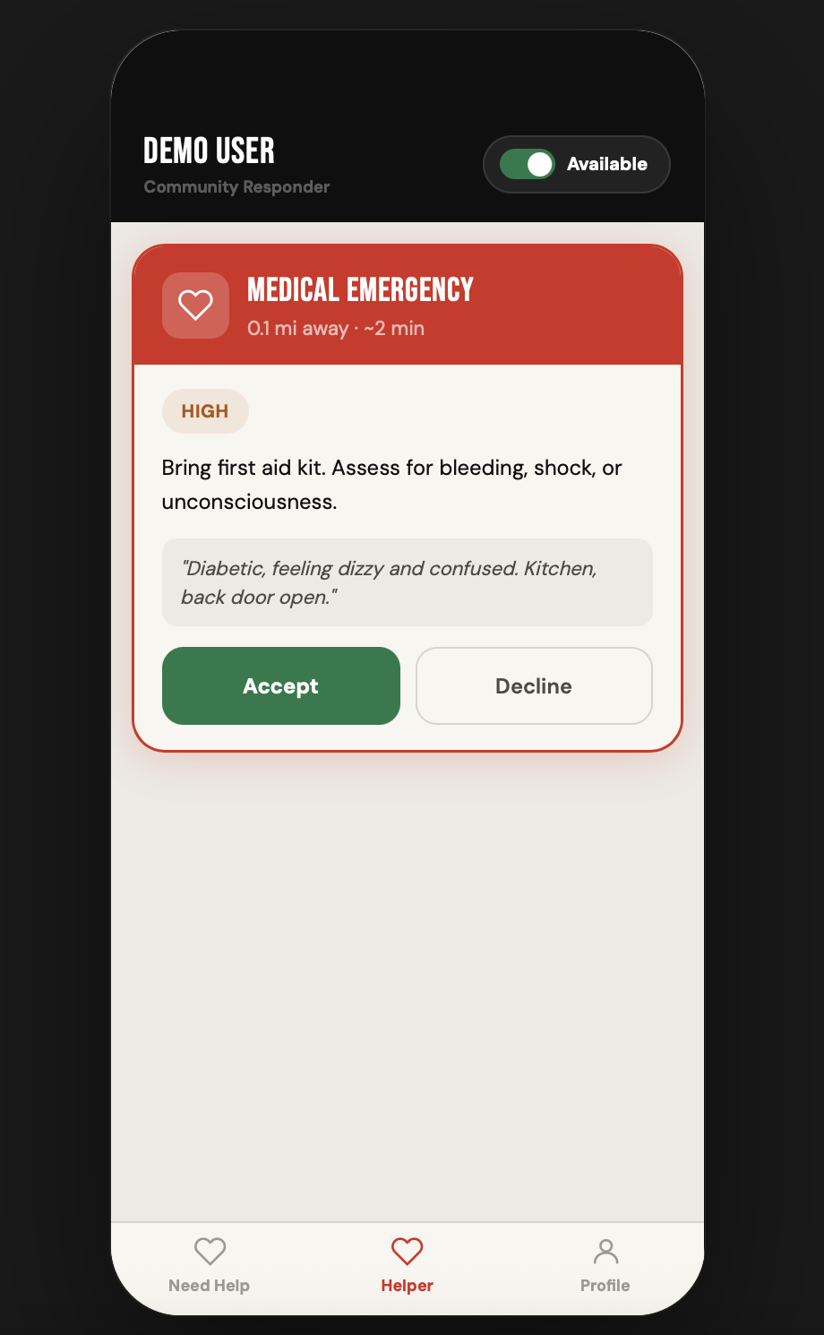 FirstNet responder screen showing a nearby medical request with accept and decline actions
