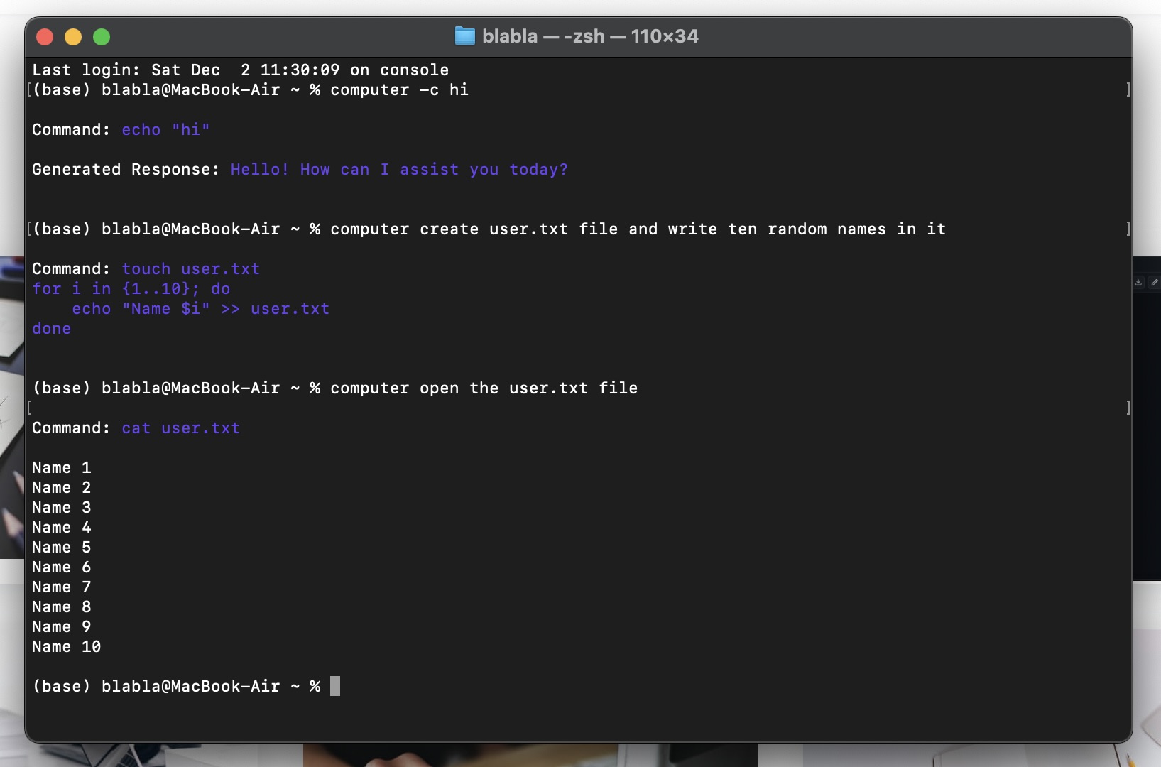 A real LingoShell terminal session translating natural-language requests into shell commands