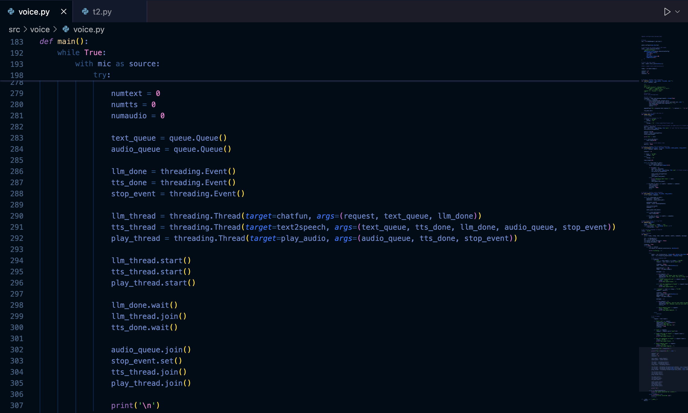 MIRA voice pipeline code coordinating language-model and speech threads